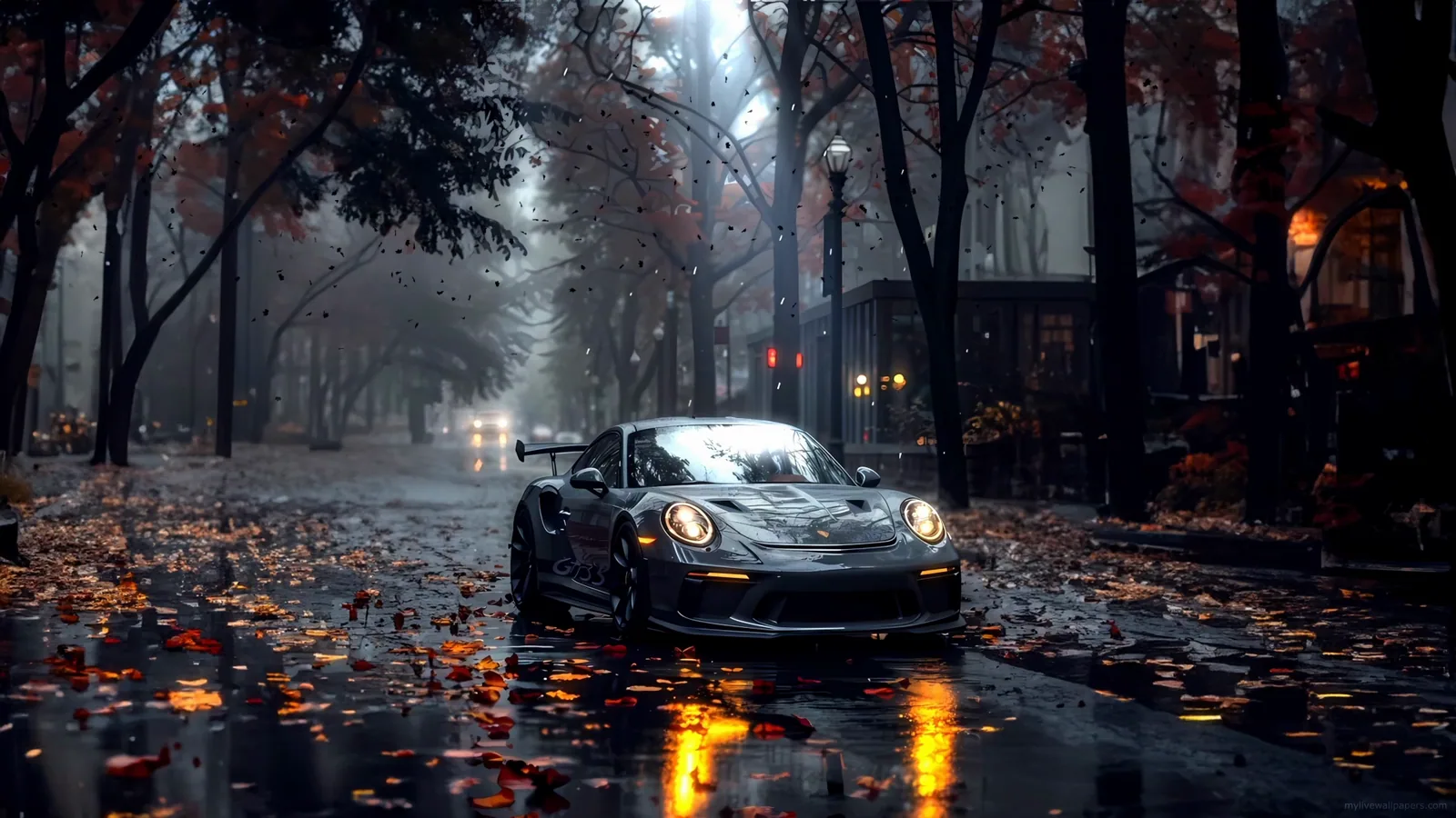 Gray Porsche 911 on a Rainy Street