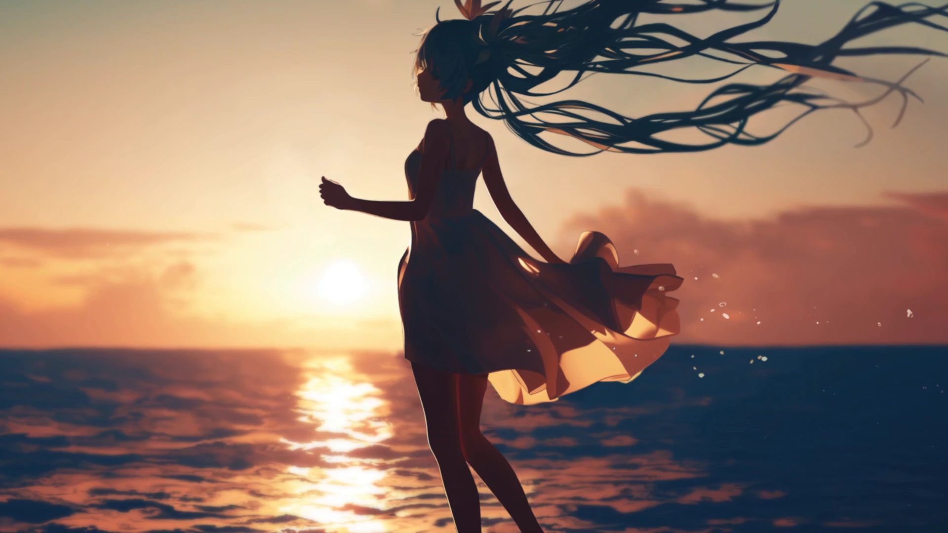 Hatsune Miku Ocean Sunset Silhouette