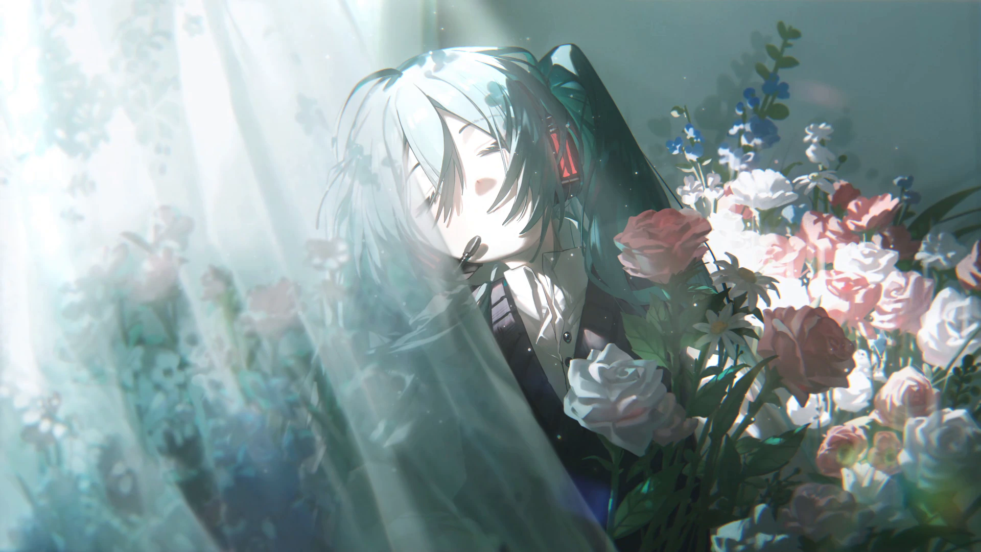 Hatsune Miku parmi les roses blanches