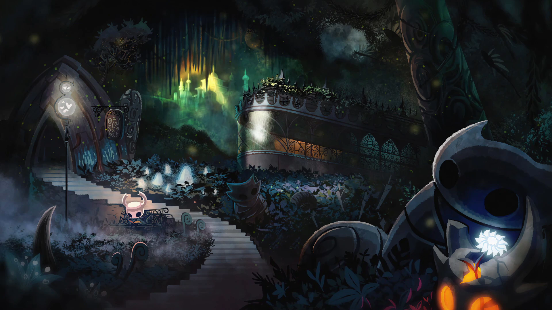 Hollow Knight in a Glowing Garden