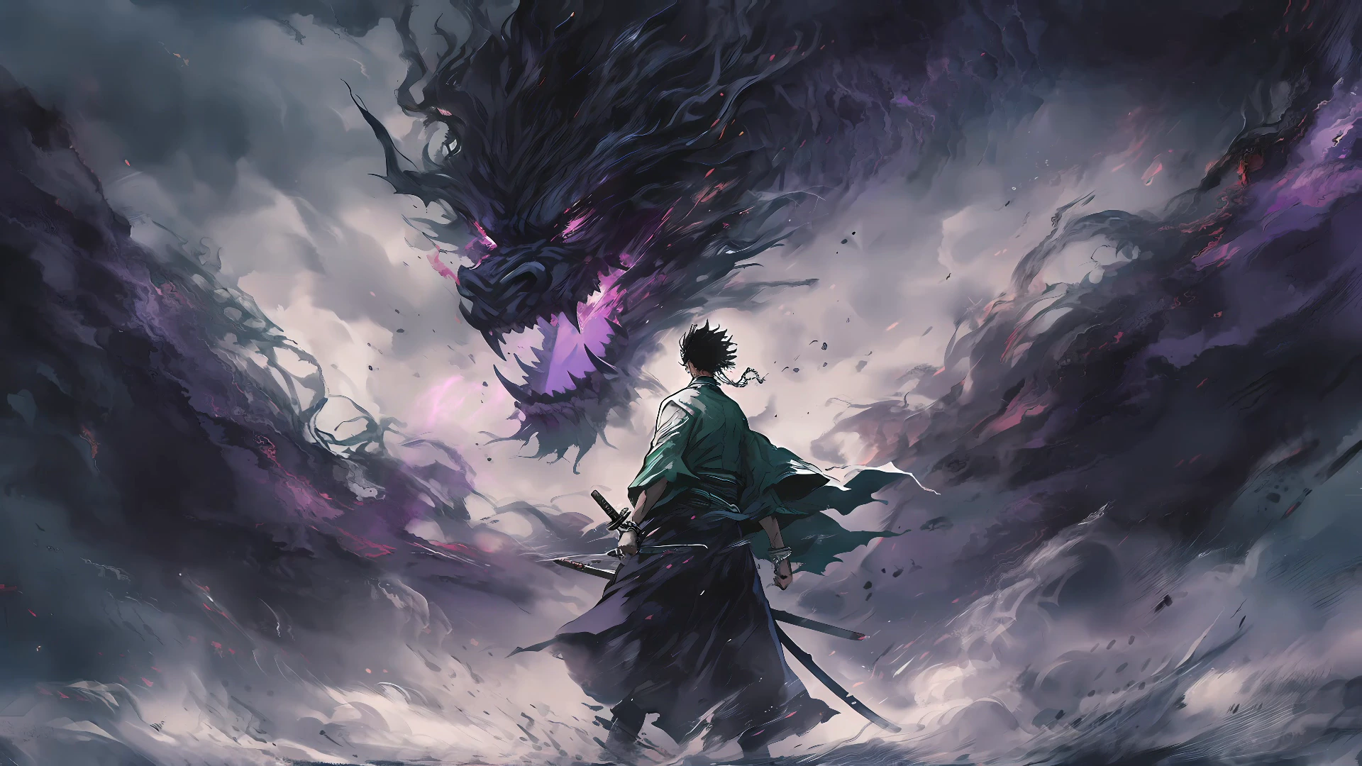 Ink Swordsman and Dragon by Cybercolor