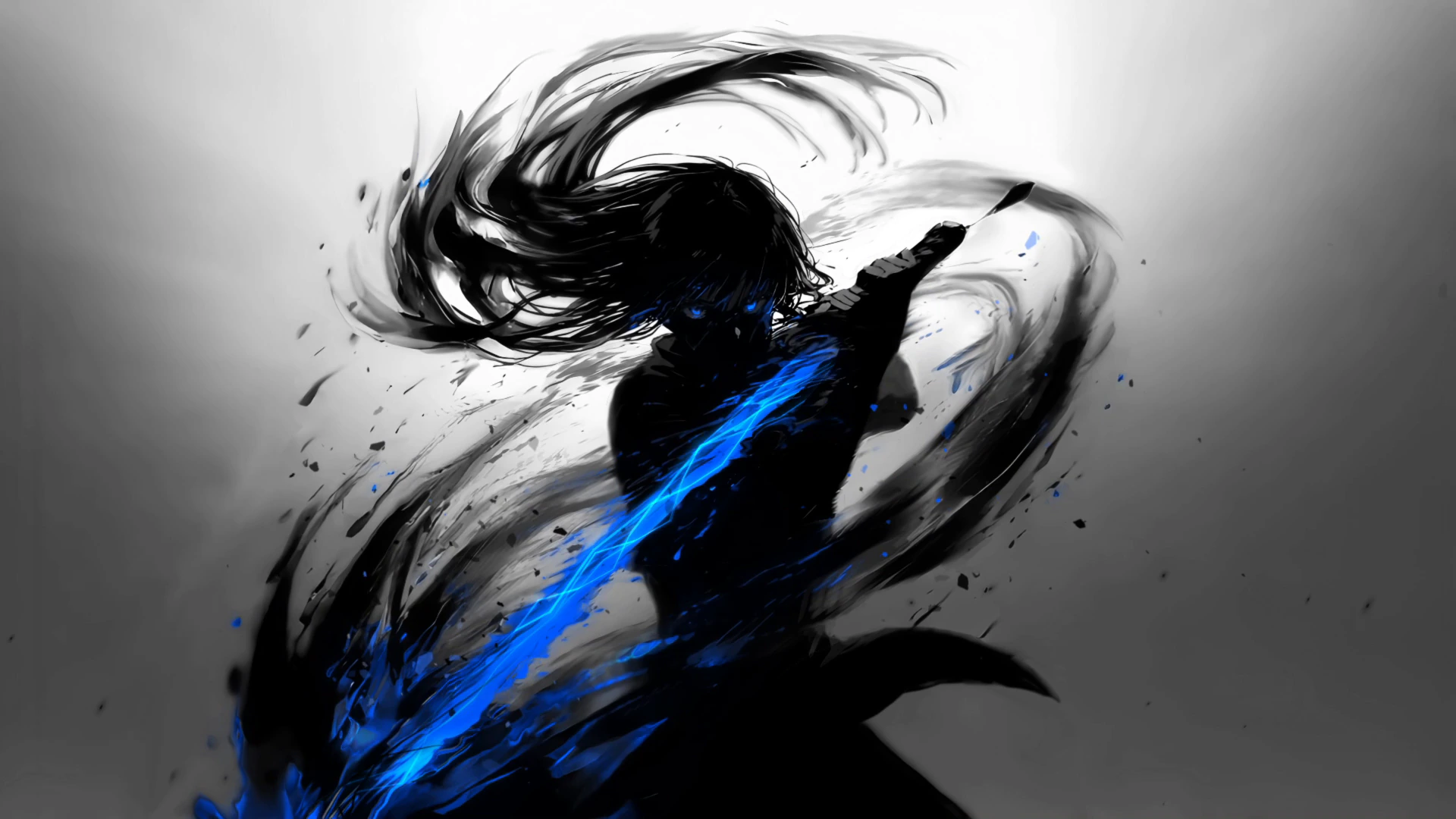 Ink Swordsman with Red and Blue Blades