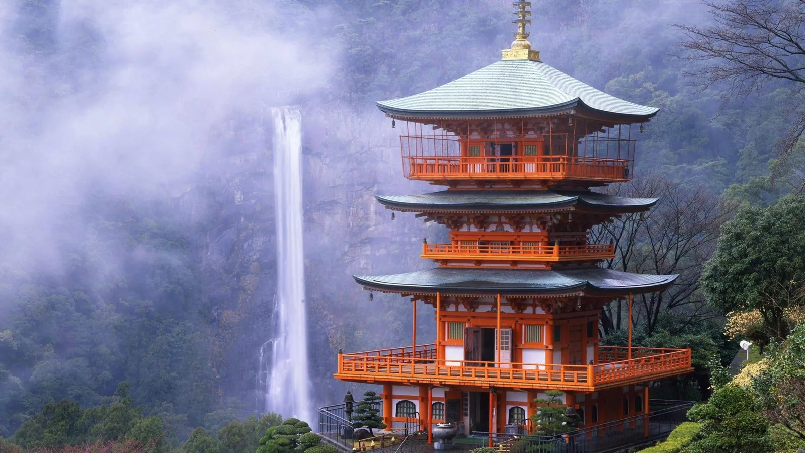 Japanese Pagoda and Waterfall
