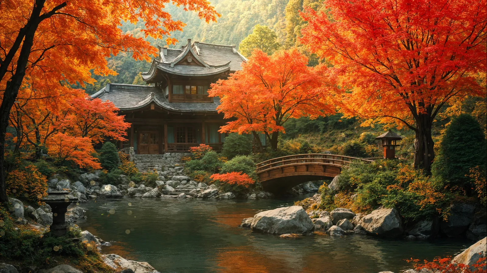 Japanese Temple by an Autumn Lake