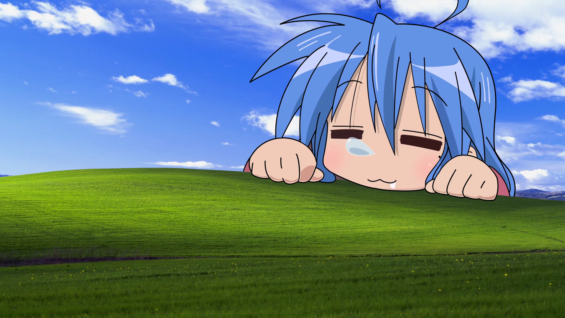 Konata Sleeping on the Windows XP Hill
