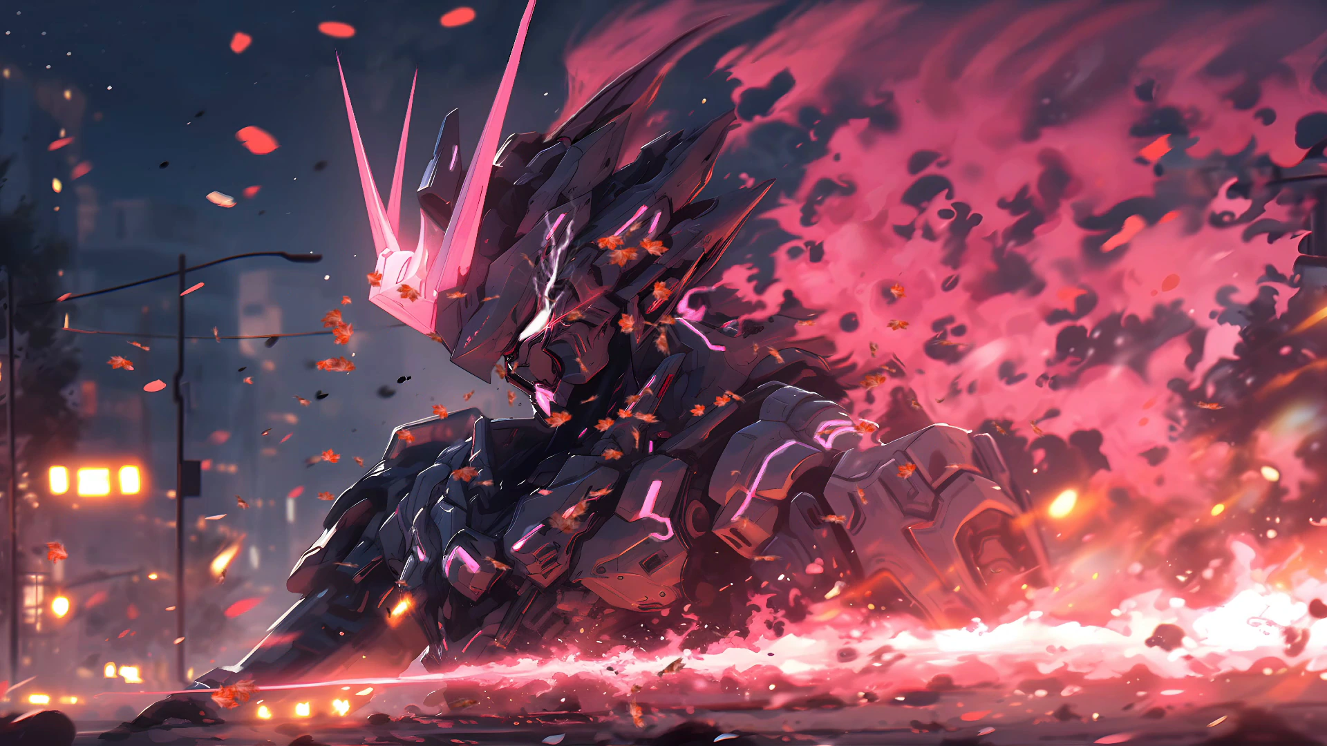Espadachín mecha entre energía rosa