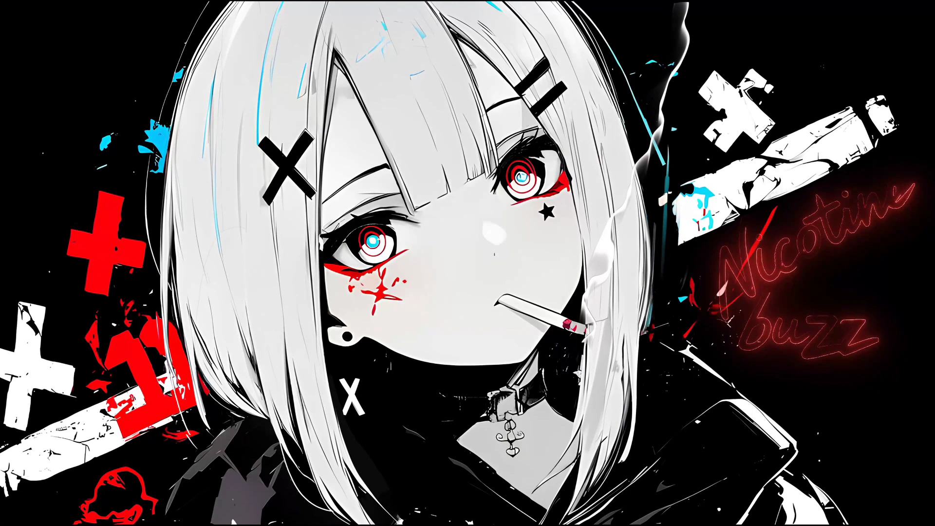 Monochrome Anime Girl with Red and Blue Eyes