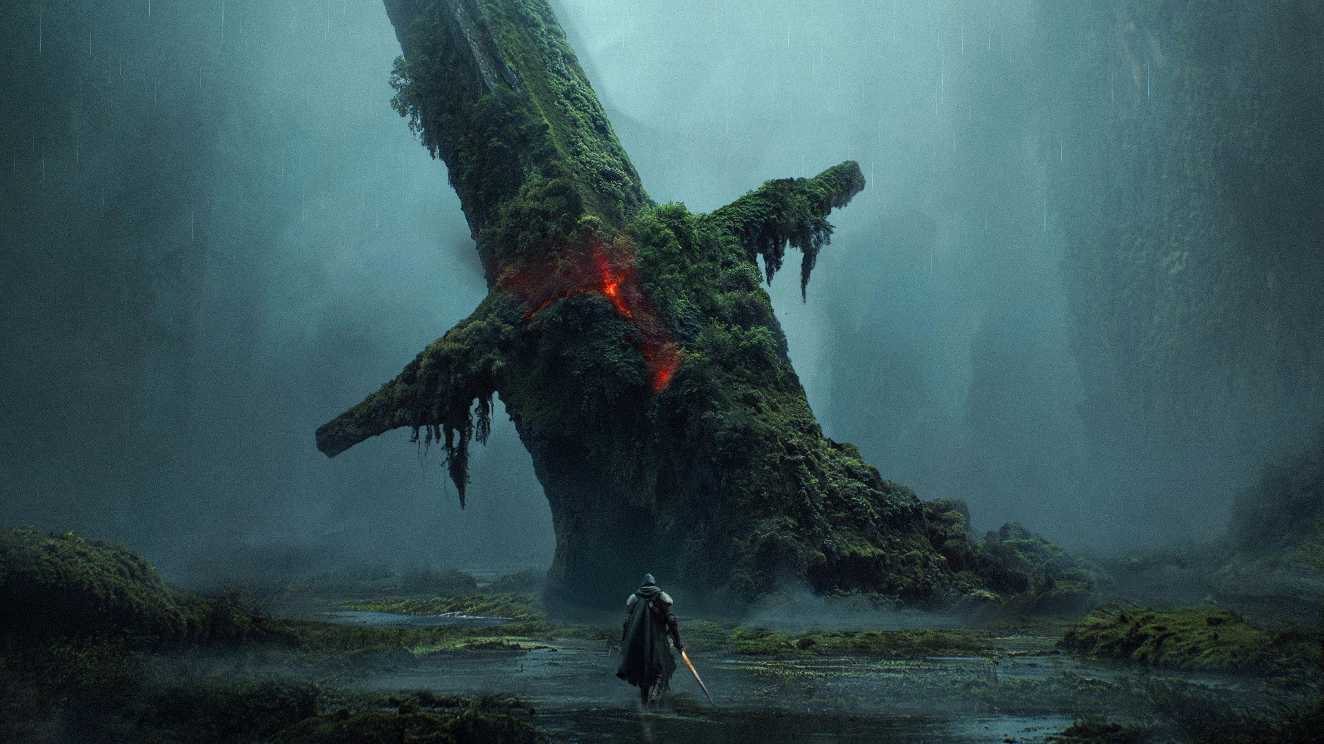Moss-Covered Colossus in Misty Ruins