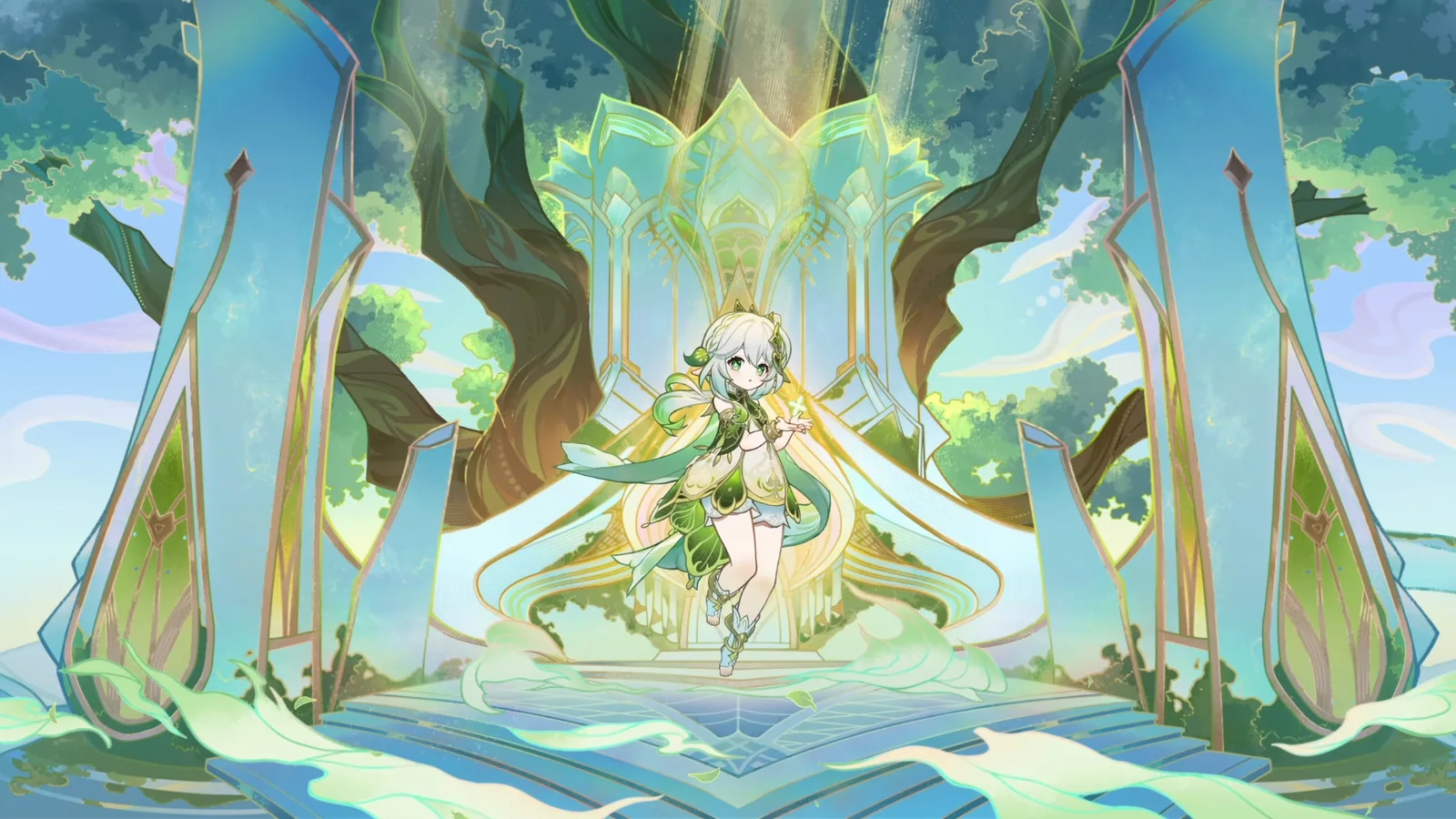 Nahida Before a Pale Forest Temple - Genshin Impact