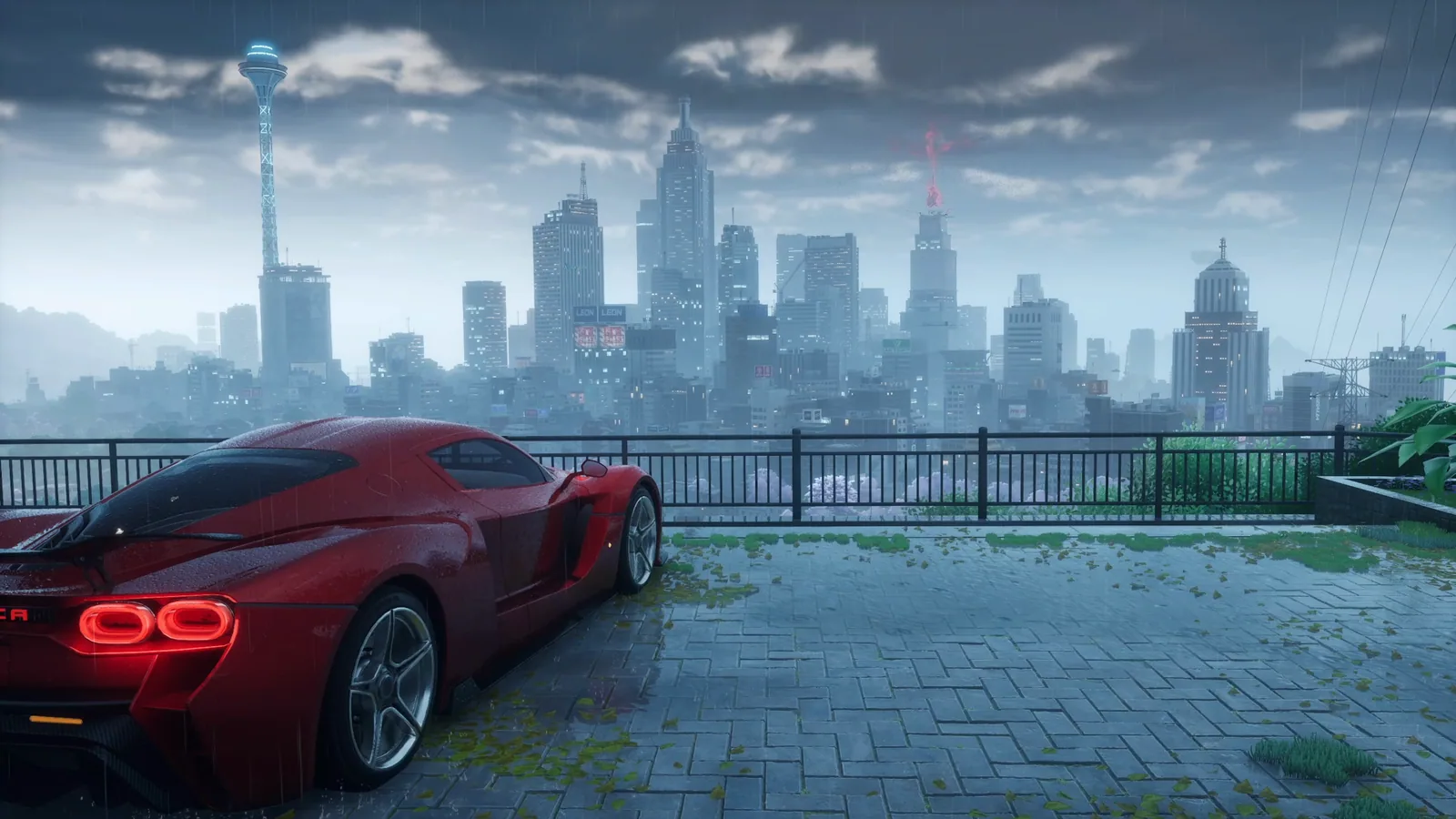 Red Sports Car Overlooking the City - Neverness to Everness