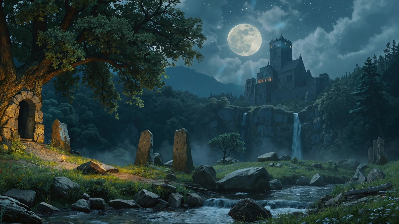 Night Castle Above a Moonlit River wallpaper preview