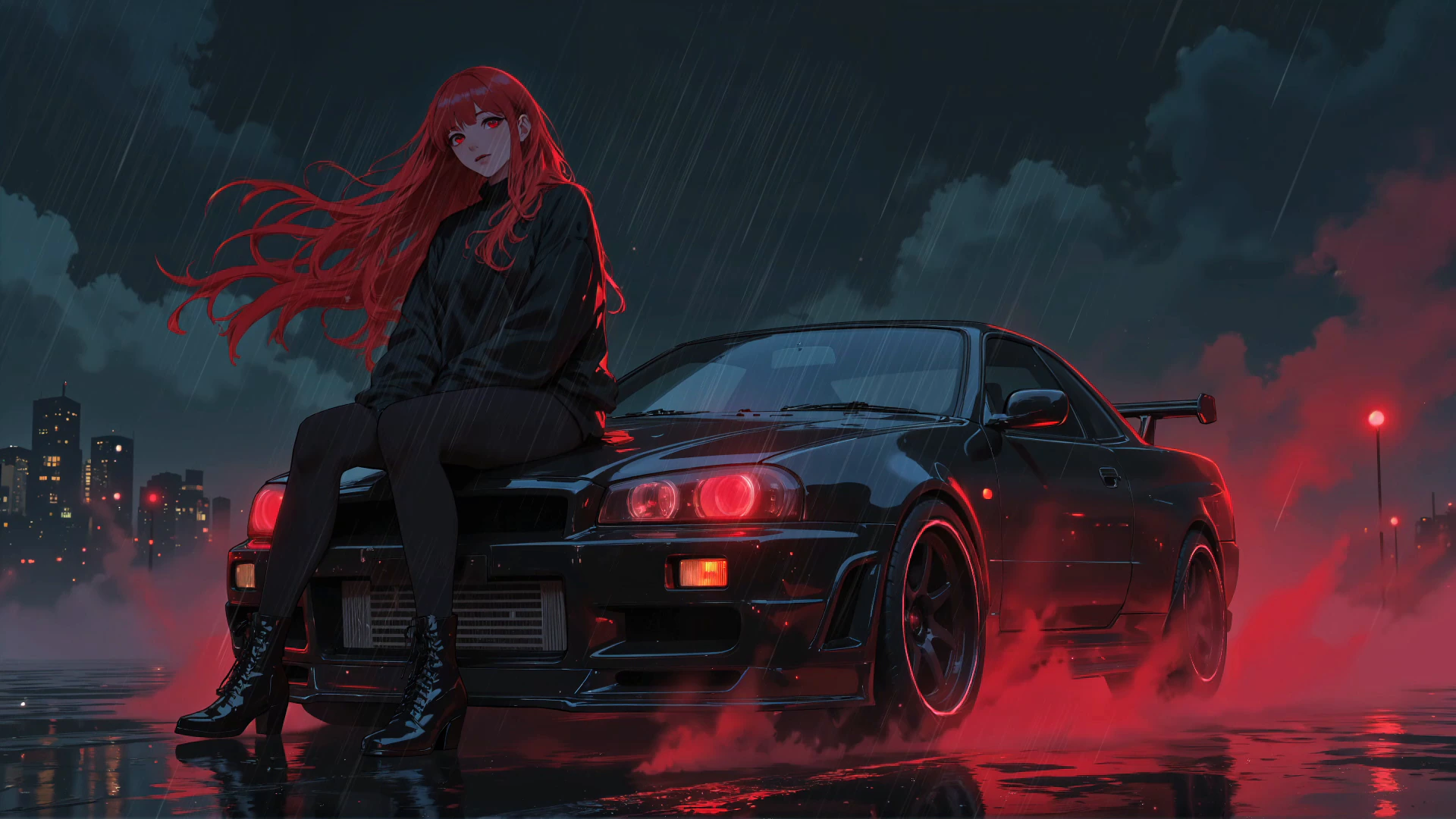 Nissan Skyline GT-R R34 sous une pluie rouge