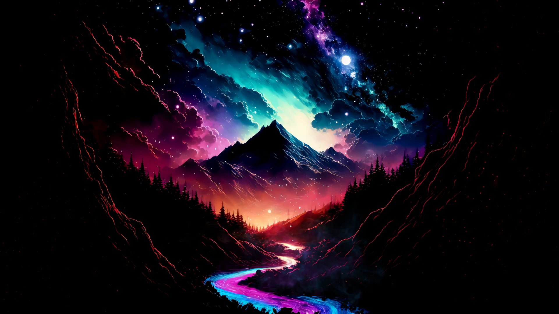 OLED Neon Mountain River