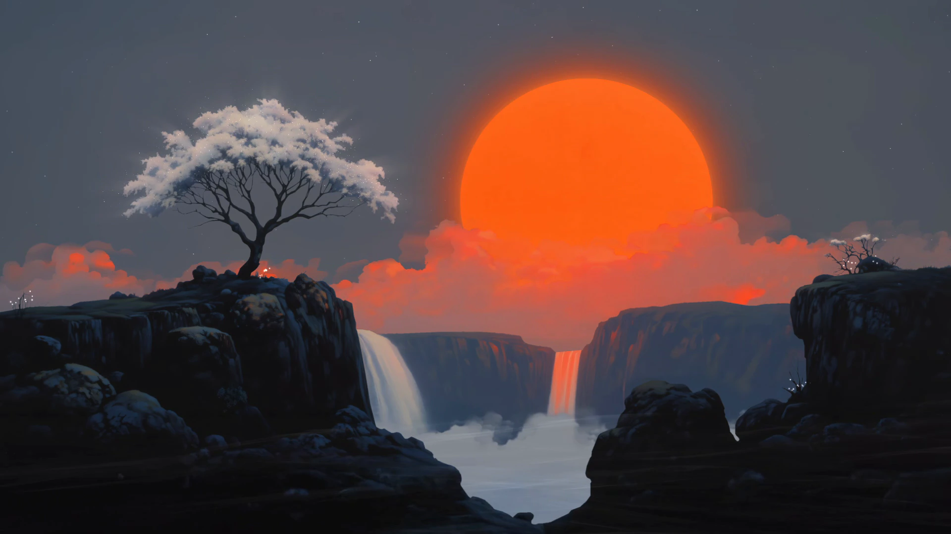 Orange Moon over Waterfall Cliffs
