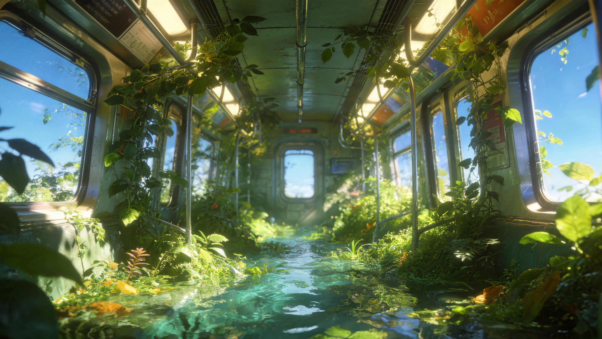 Overgrown Train Carriage in Sunlight