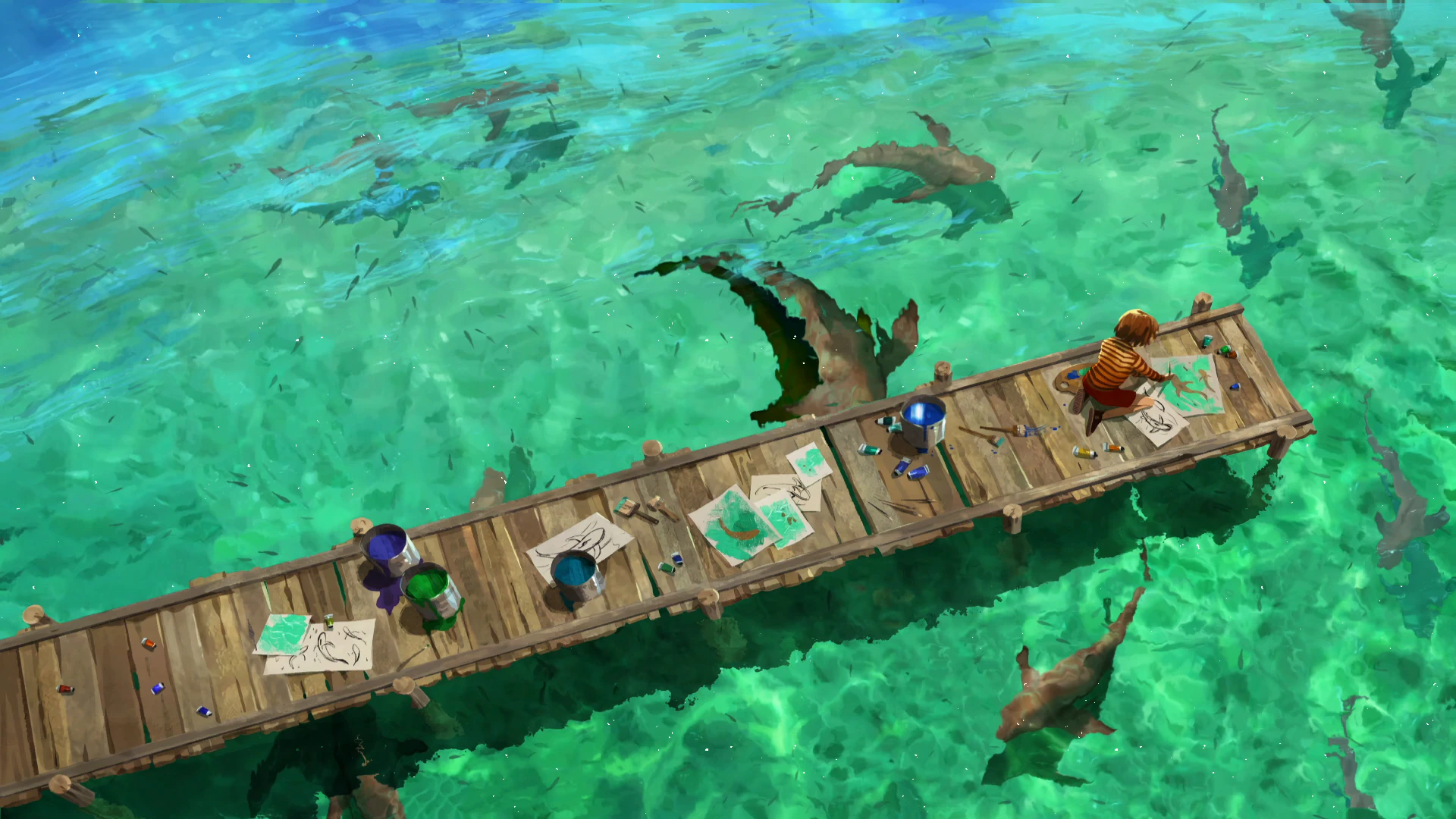 Painting Sharks Over Turquoise Water