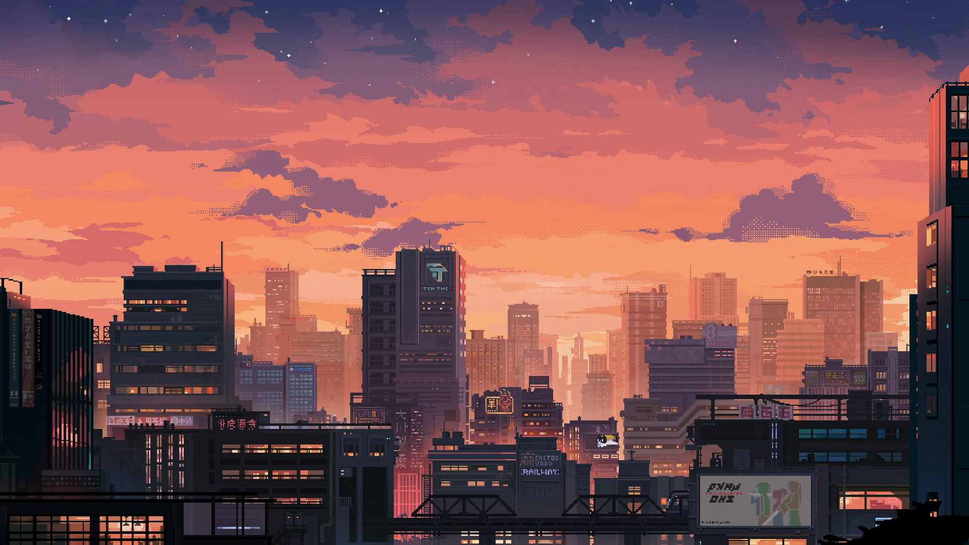Pixel City beneath an Orange Sunset