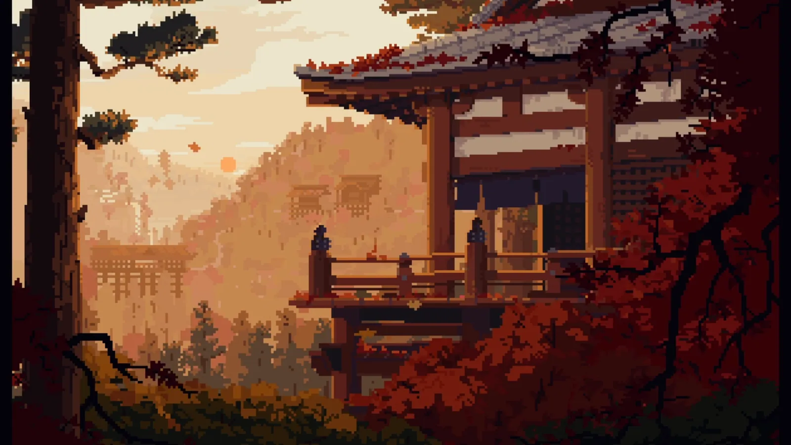 Pixel Temple at Autumn Sunset
