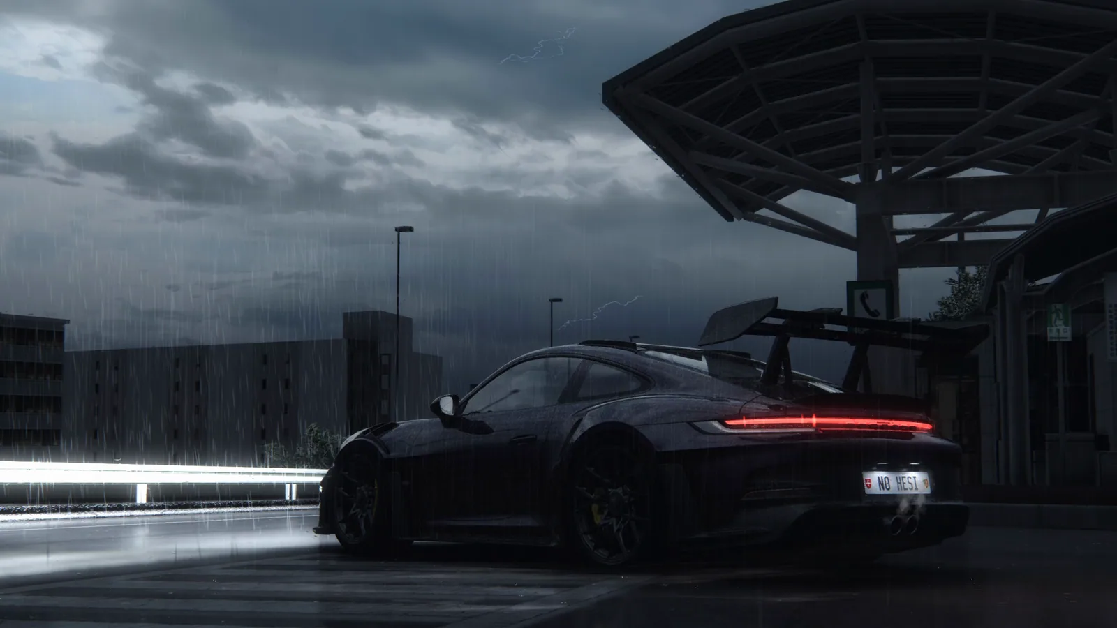 Porsche GT3 RS at a Rainy Station