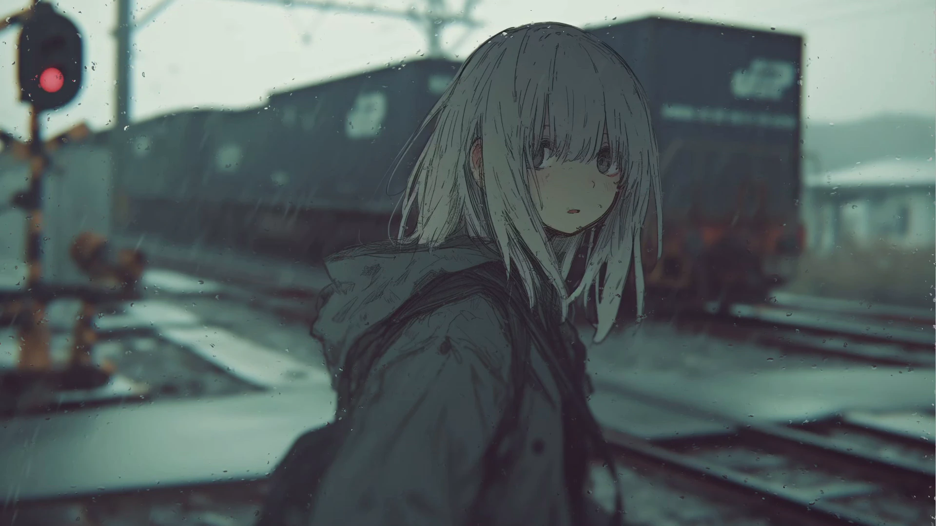 Post-Punk Girl at a Rainy Crossing