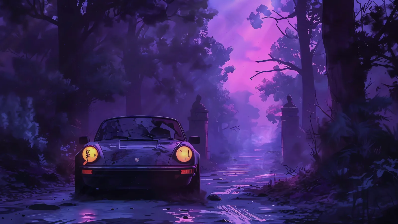 Purple Porsche 911 in a Misty Forest