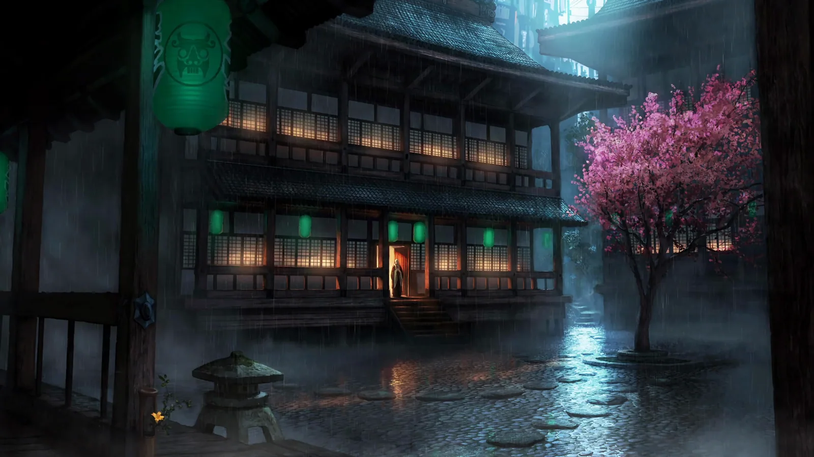 Rainy Japanese Inn and Cherry Blossom