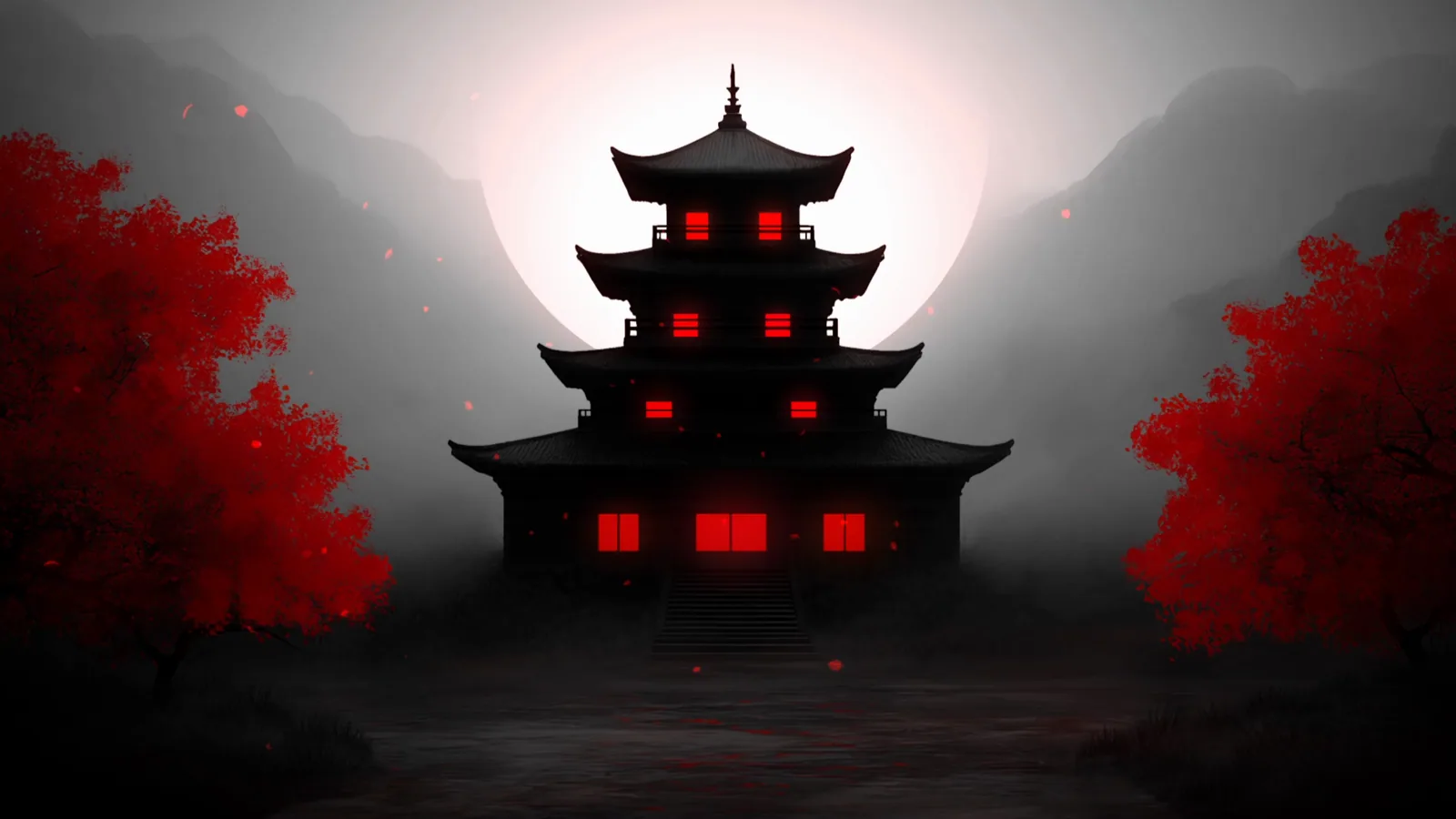 Red Moon Japanese Pagoda