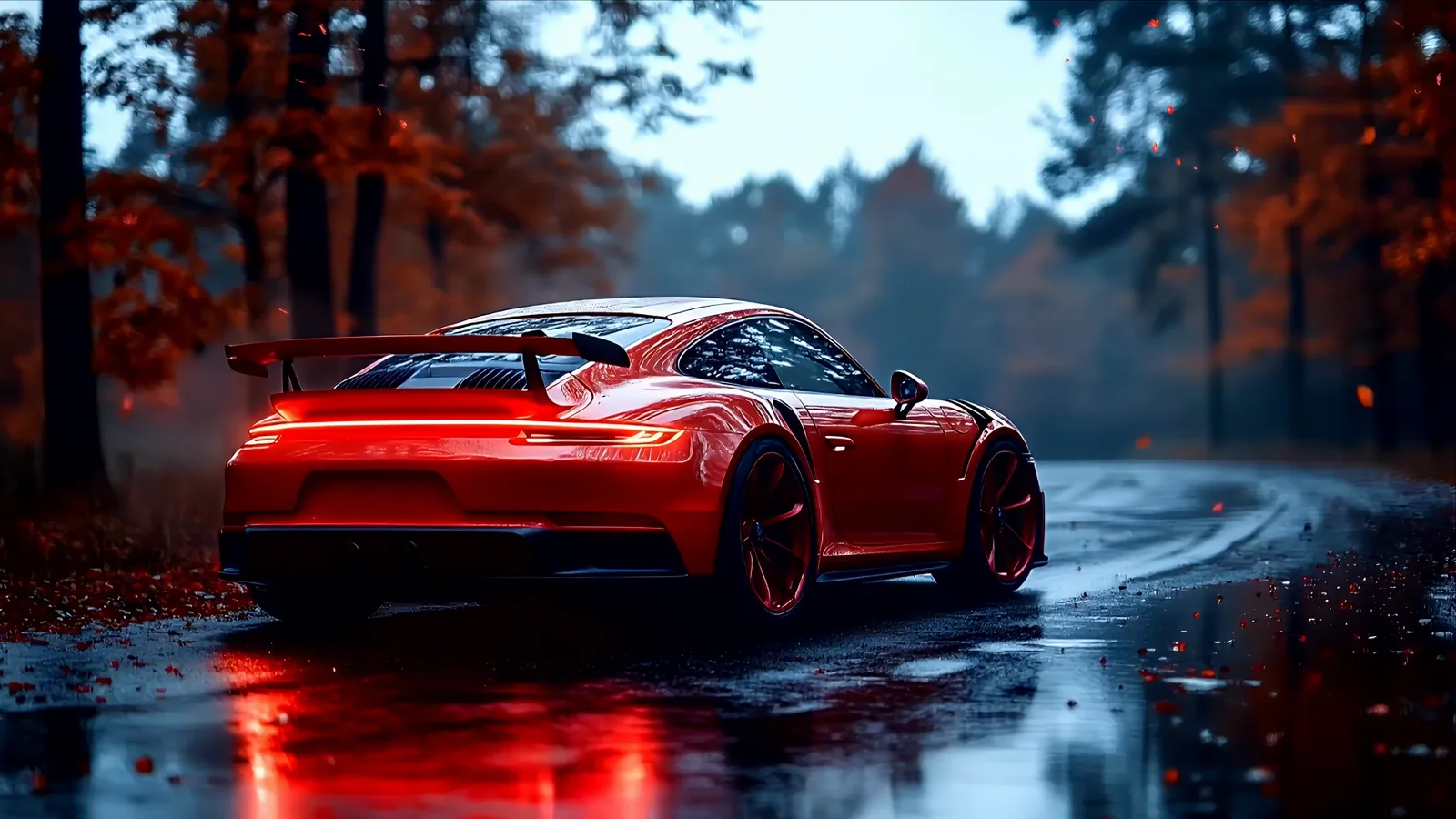 Red Porsche GT3 on a Wet Forest Road