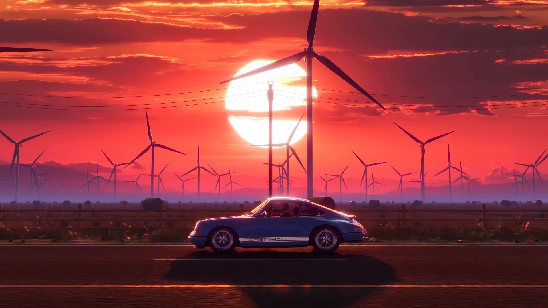 Retro Car on a Sunset Windmill Road
