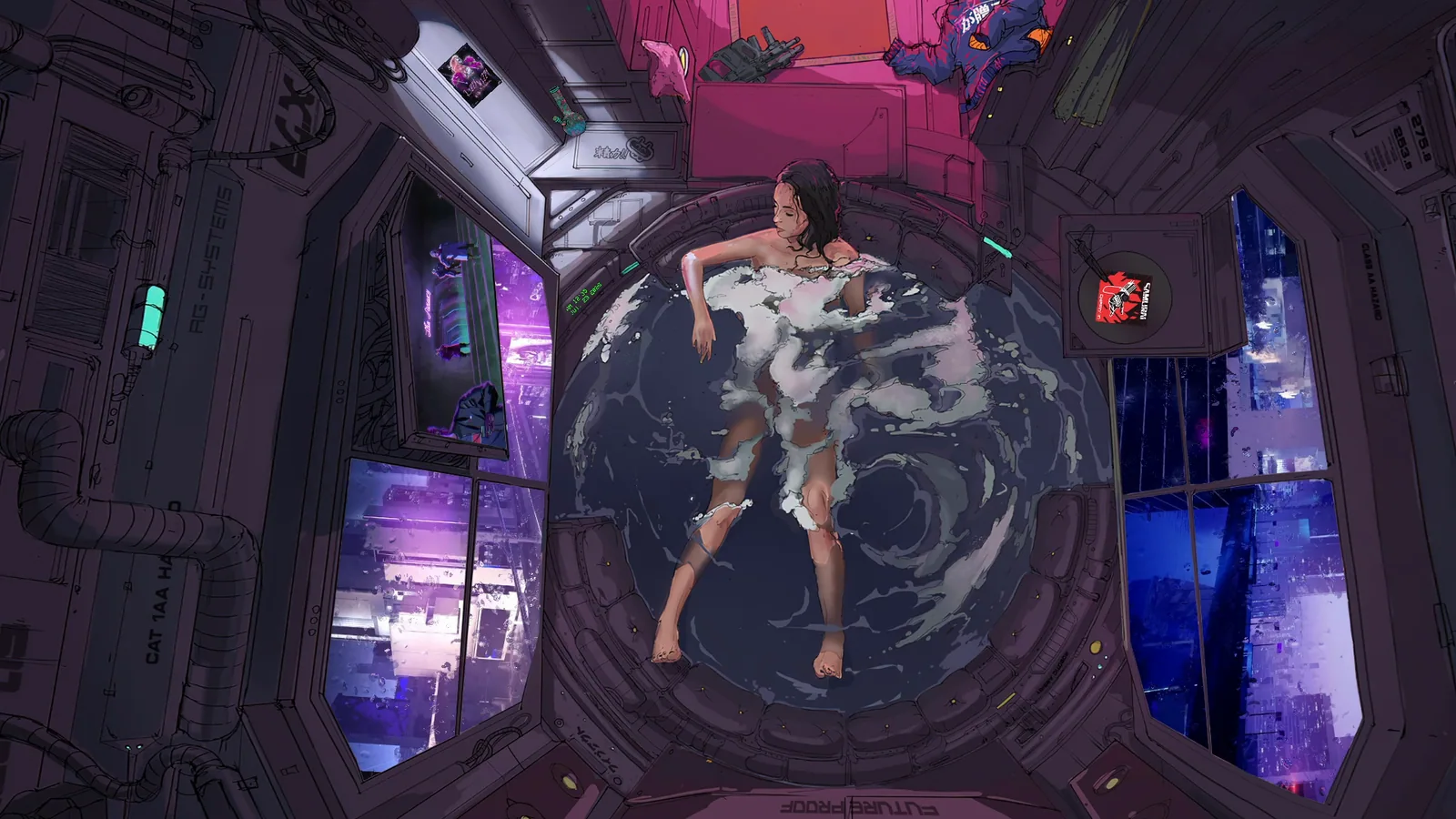 Sci-Fi Girl in a Neon Space Station wallpaper preview