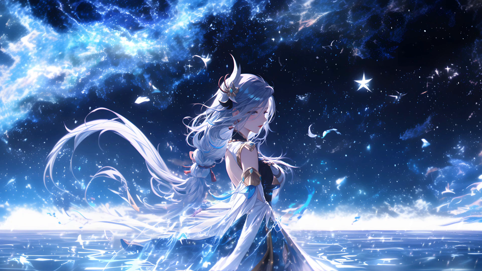 Shenhe beside a Starlit Ocean - Genshin Impact