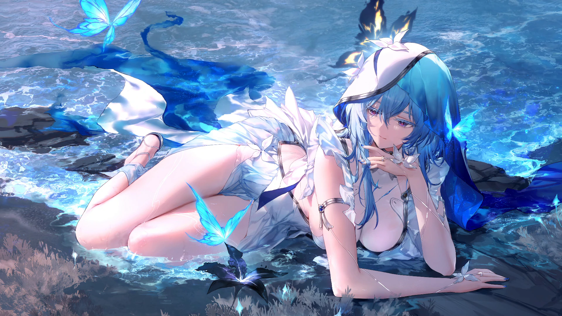 Shorekeeper Beside Blue Butterflies and Water - Wuthering Waves