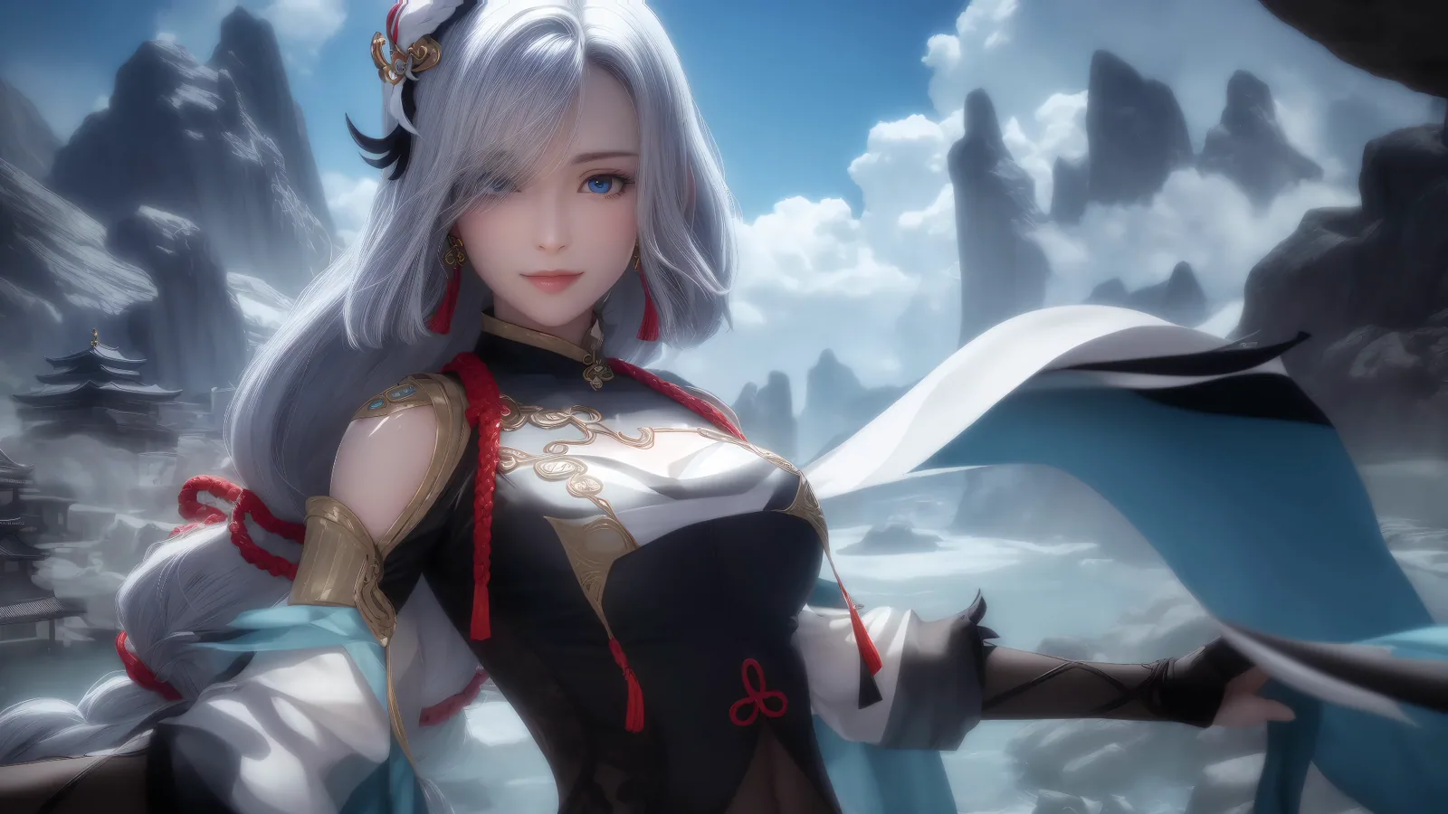 Silver-Haired Woman in a Snowy Fantasy Scene - Genshin Impact