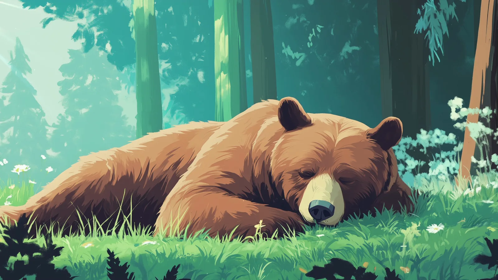 Sleepy Summer Bear in a Sunlit Forest wallpaper preview