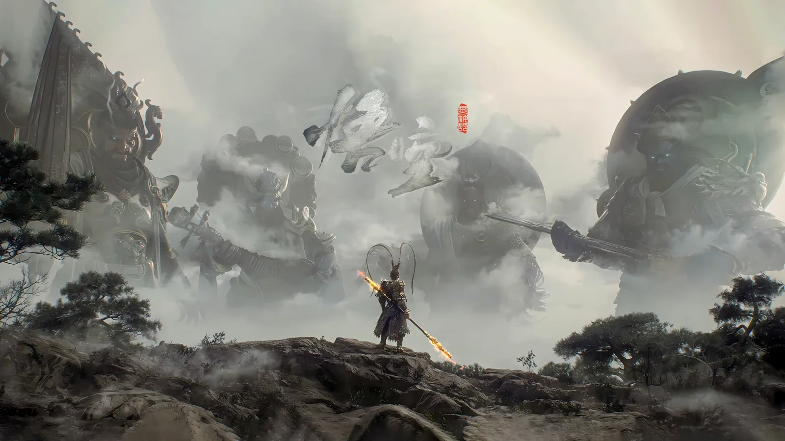 Staff-Bearing Warrior Above Ink-Wash Mountains - Black Myth: Wukong