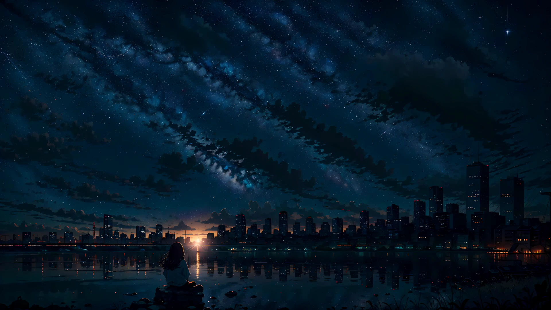 Ciel étoilé au-dessus des reflets de la ville