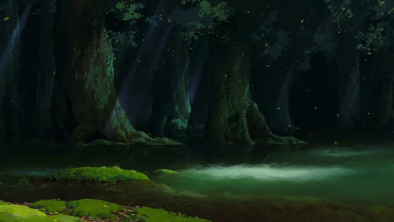 Studio Ghibli Forest Lake at Night wallpaper preview