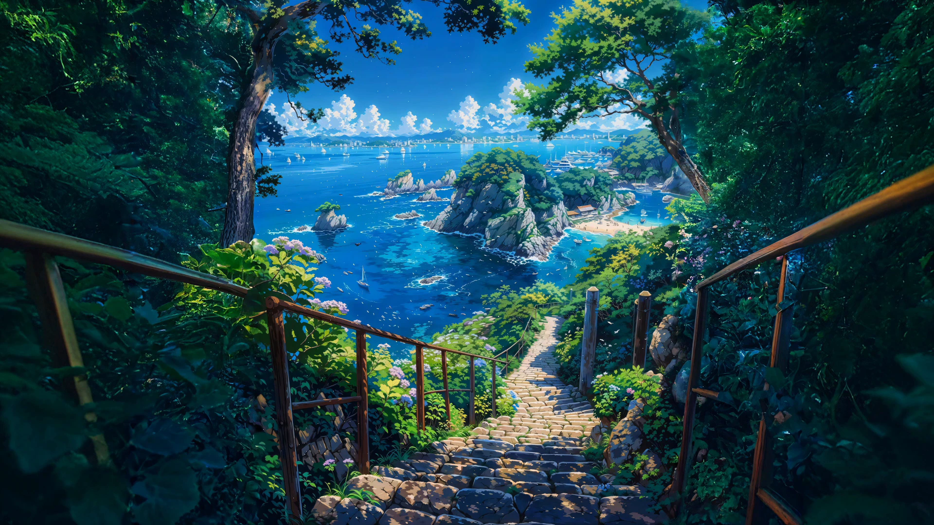 Summer Seaside Stairway above a Blue Ocean