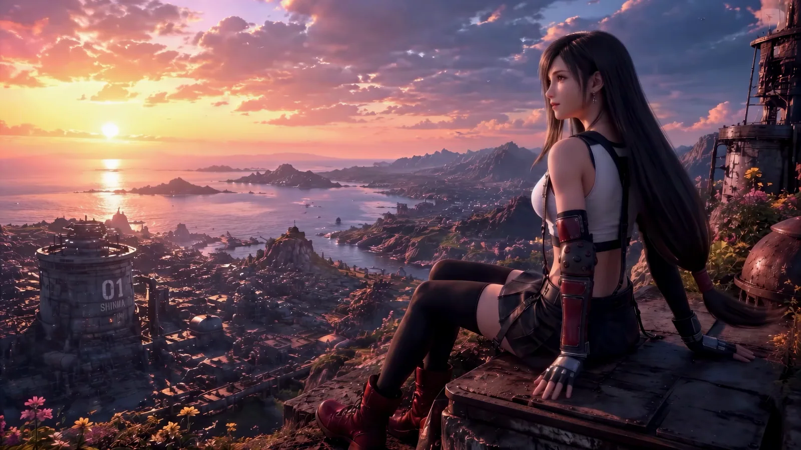 Tifa contemplant Midgar - Final Fantasy VII