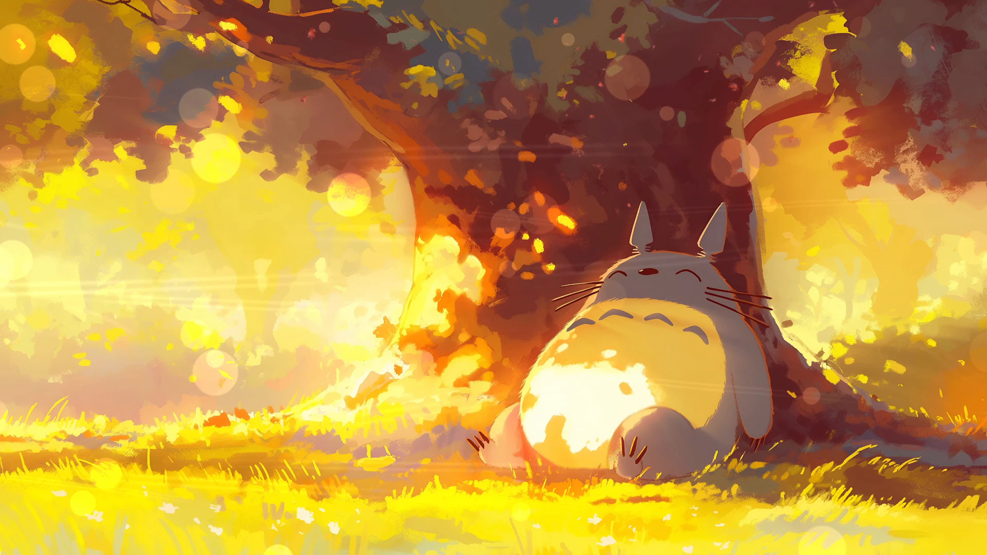 Totoro bajo un árbol iluminado por el sol