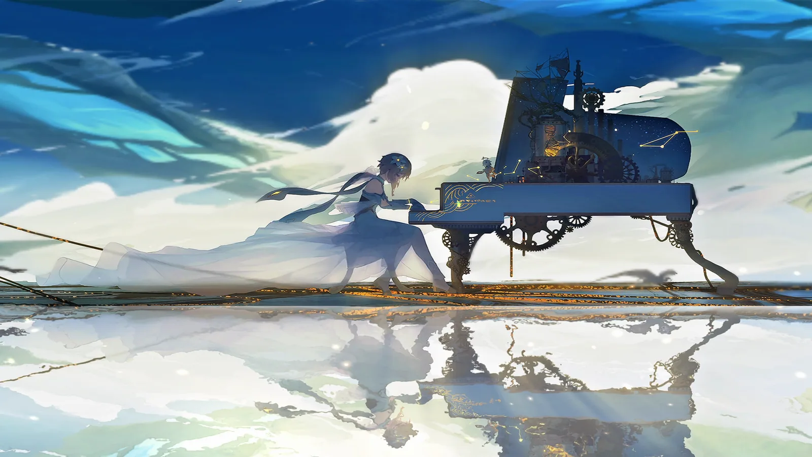 White-Haired Figure Beside a Blue Helicopter - Genshin Impact