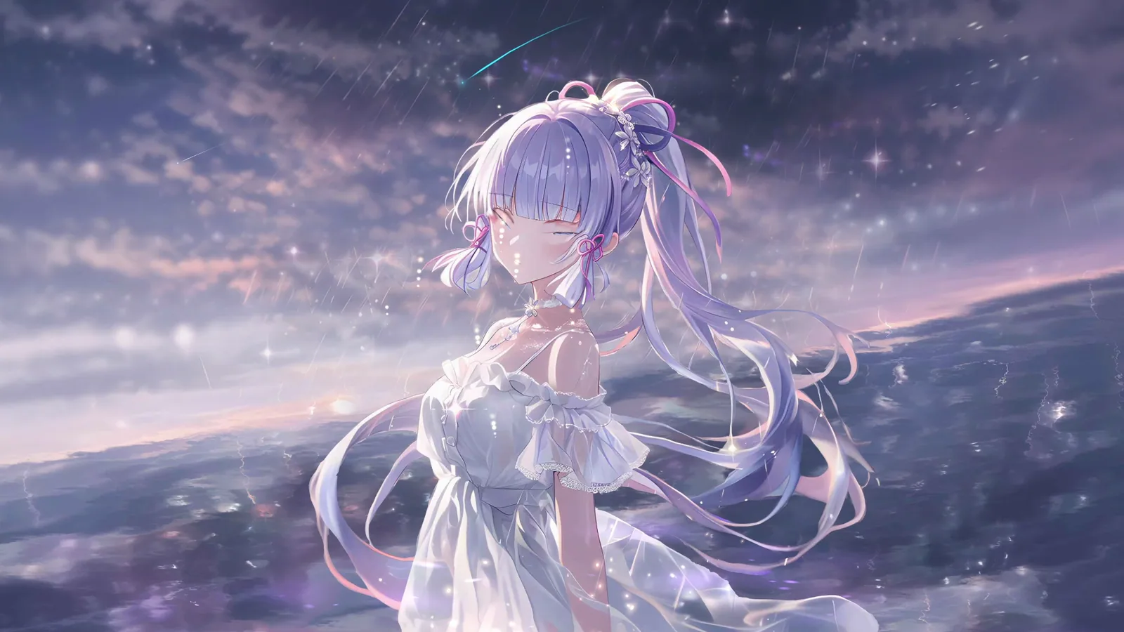 White-Haired Figure in a Violet Starfield - Genshin Impact