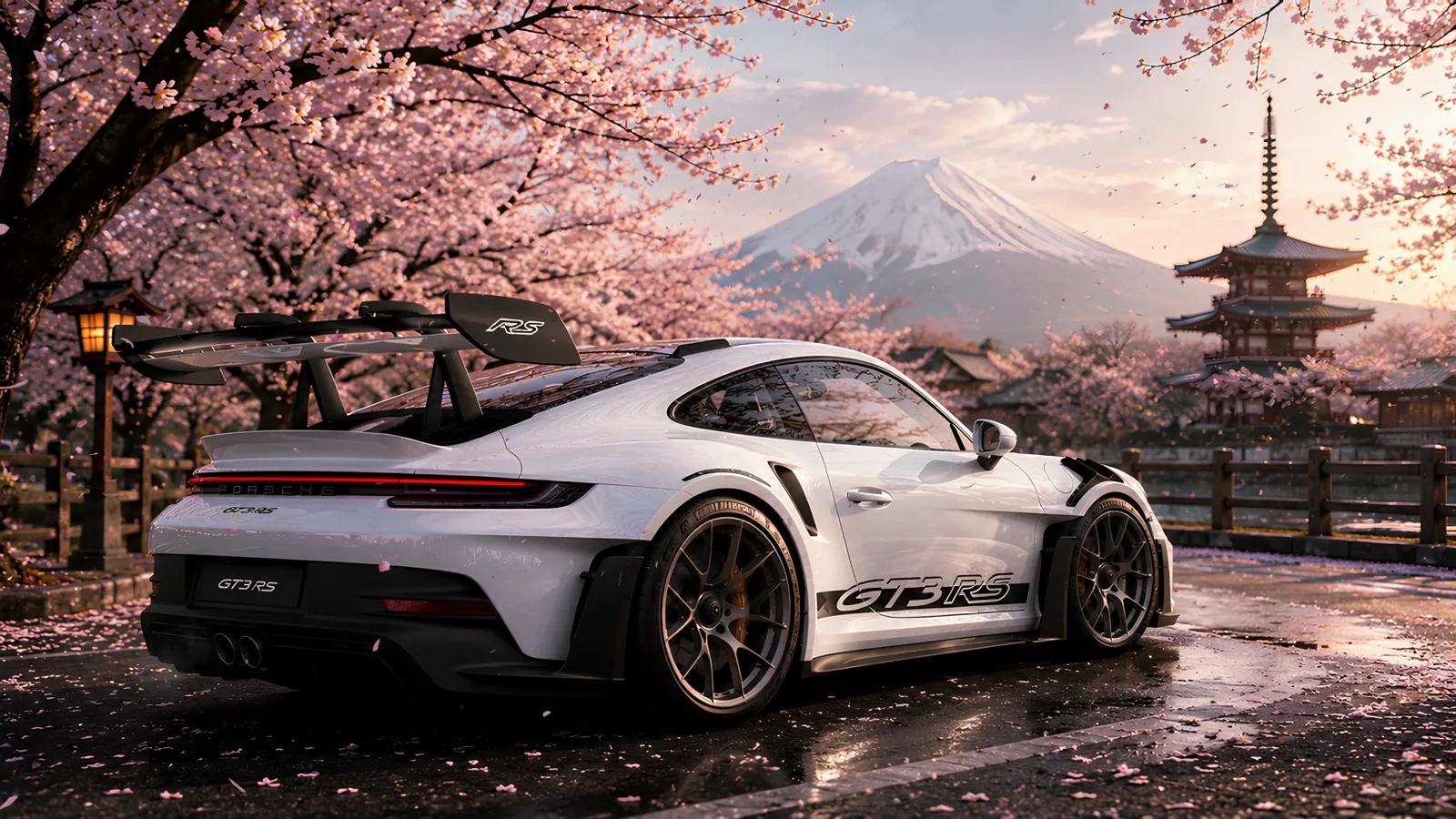 White Porsche GT3 RS Under Cherry Blossoms
