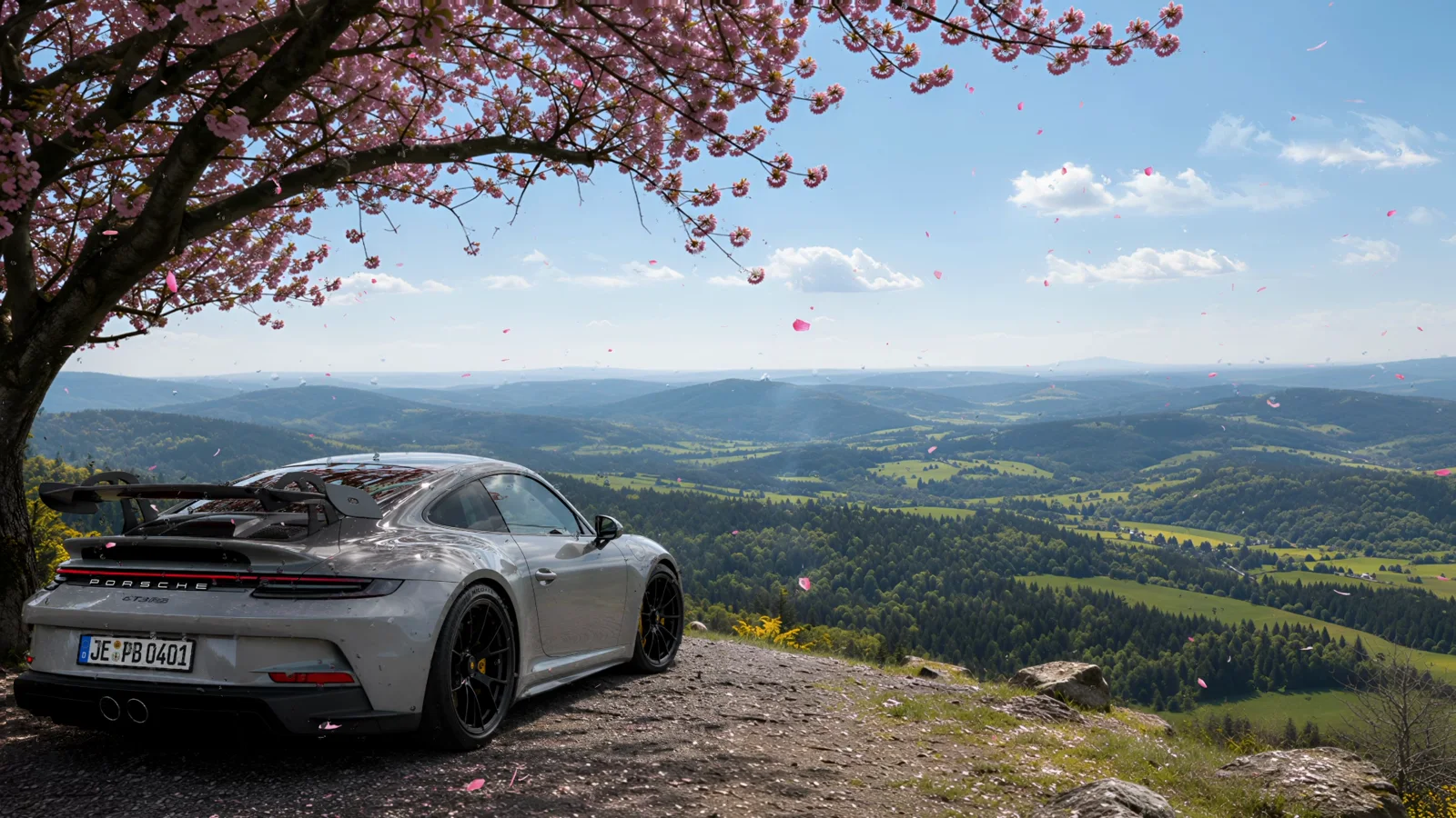 White Porsche Under Cherry Blossoms wallpaper preview