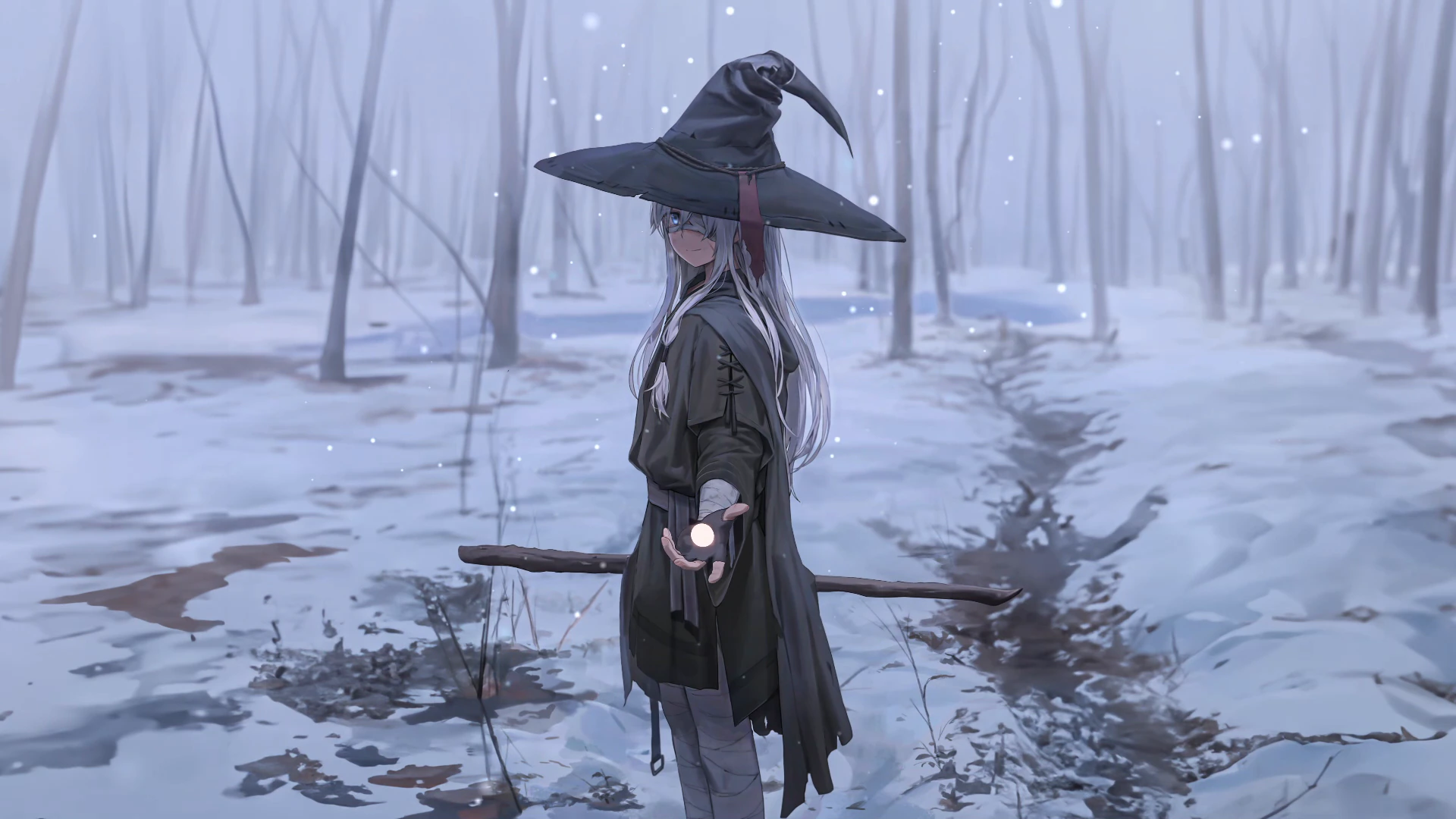 白雪皑皑的森林里的冬季女巫
