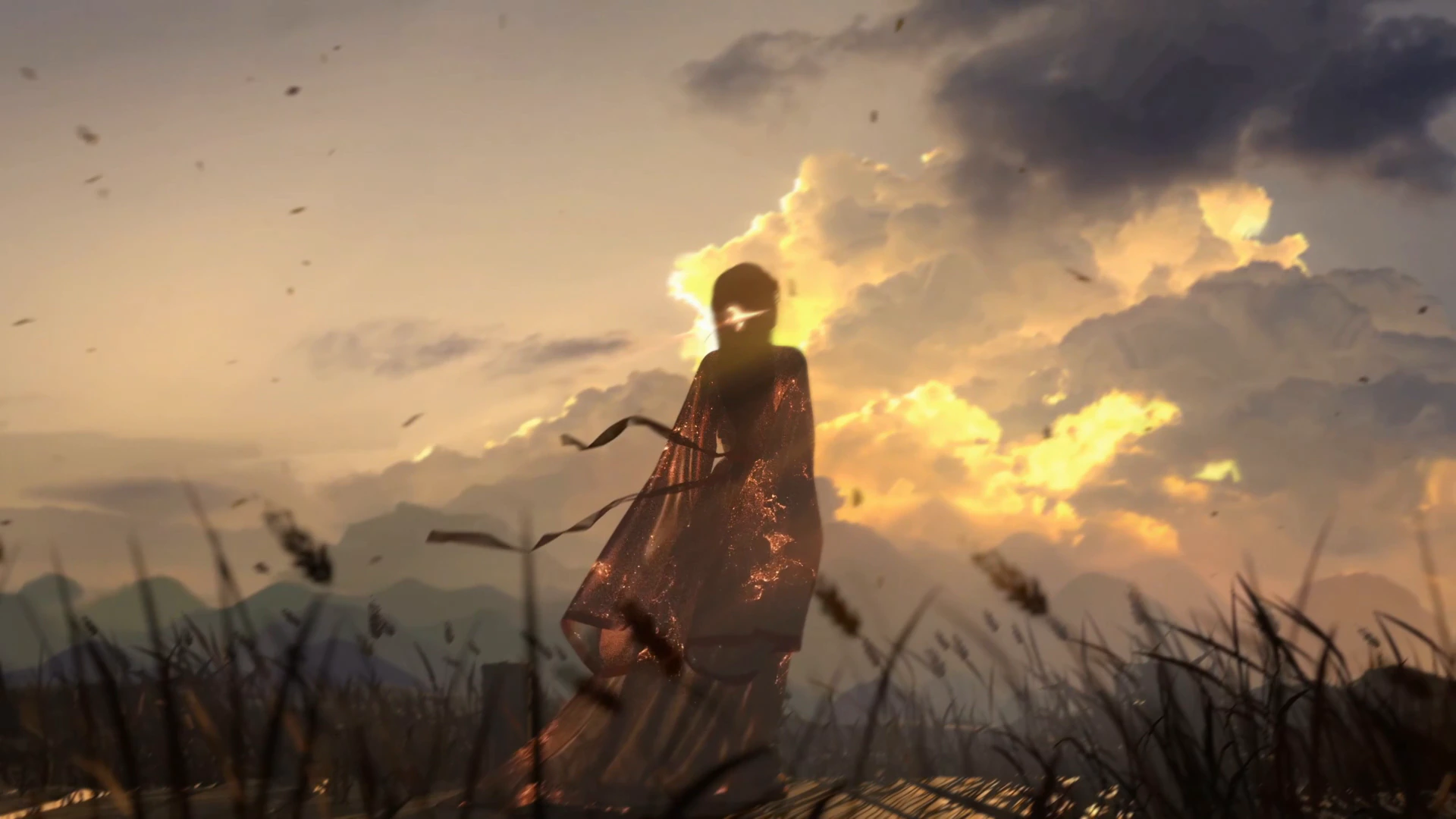 Qin Han em um campo ao pôr do sol, por WLOP
