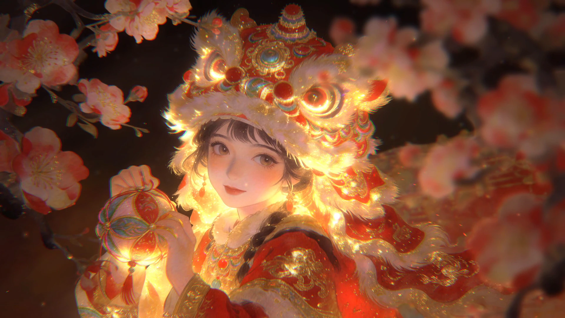 Woman in a Glowing Lion Dance Headdress